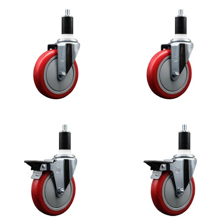 Service Caster 5'' Red Poly Wheel Swivel 1-3/8'' Expanding Stem Caster Set 2 Brakes, 4PK SCC-EX20S514-PPUB-RED-2-PLB-2-138